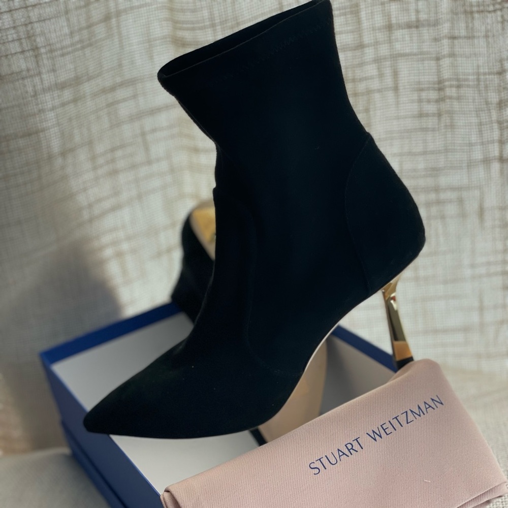 Stuart Weitzman “Max 85” Suede Ankle Boots - Black/Gold